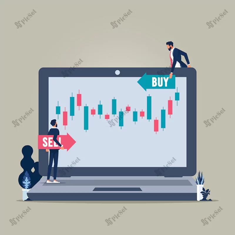 businessman analysis stock market laptop choice buy sell price goal direction / مرد با تحلیل بازار سهام و لپ تاپ خرید فروش ارز دیجیتال بازار بورس نمودار کندل استیک