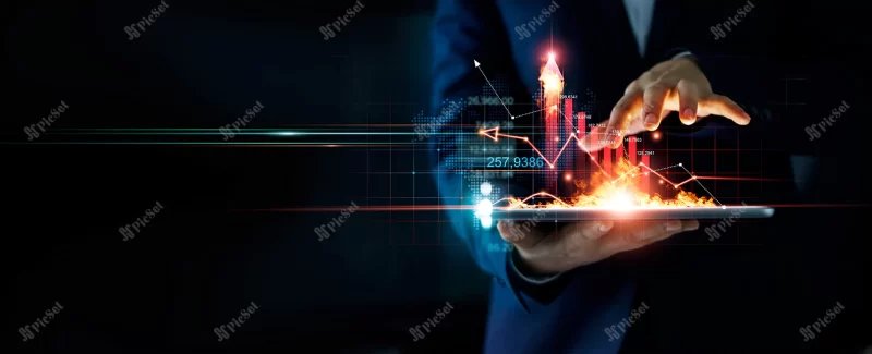 businessman holding tablet hot fire glowing upright arrow financial banking / تاجر تبلت در دست و نمودار عمودی می‌درخشد کنترل شکست در کسب و کار