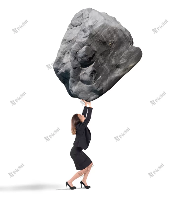 businesswoman holding up big rock heavy / زن قوی که صخره‌ بزرگی را بالا گرفته است