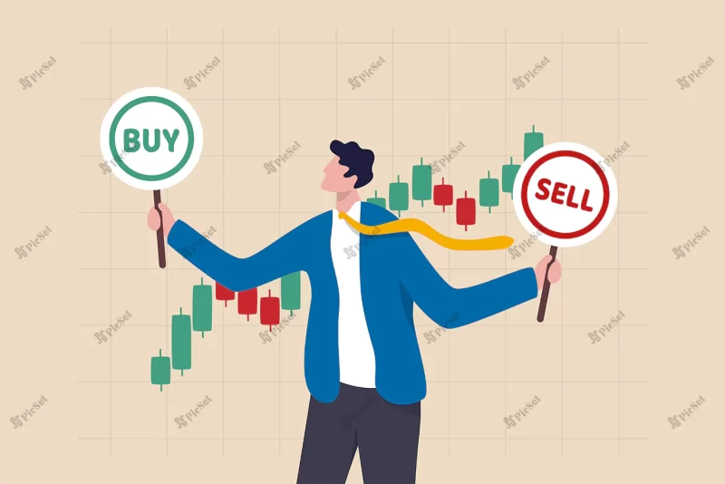 buy sell stock market crypto currency trading investment decision wealth management financial concept businessman investment analyst holding buy sell sign with candlestick chart / خرید فروش در بازار سهام معامله ارز رمزنگاری تصمیم سرمایه گذاری مدیریت ثروت مفهوم مالی تاجر تحلیلگر سرمایه گذاری دارای علامت خرید فروش با نمودار کندل استیک