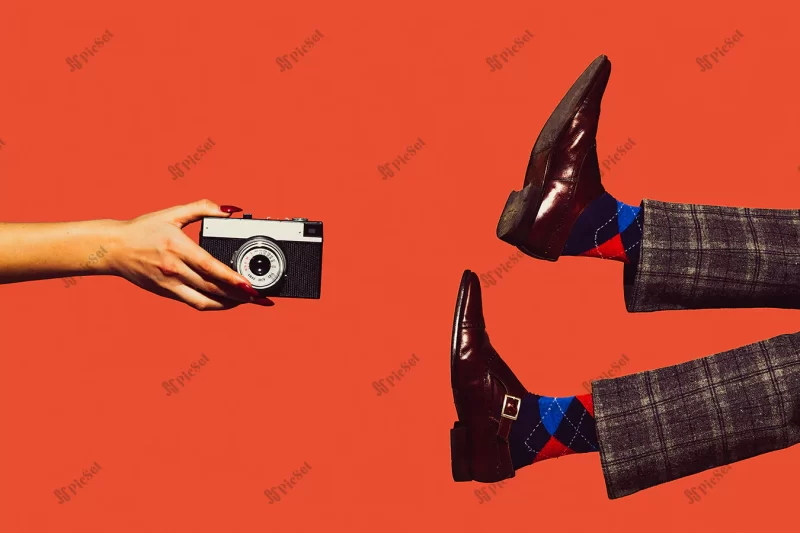 camera shoes modern art collage pop art style hands legs isolated trendy colored background with copy space contrast modern design with copy space advertising trendy colors / کفش و دوربین عکاسی هنر مدرن کلاژ دست و پاهای جدا شده تبلیغات رنگ های مد روز