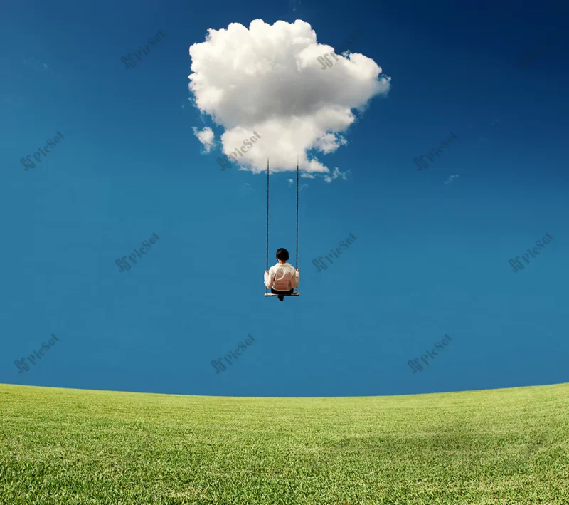 carefree businesswoman swing attached cloud / کلاژ مرد با آرامش روی تاب نشسته با طناب به ابر متصل شده