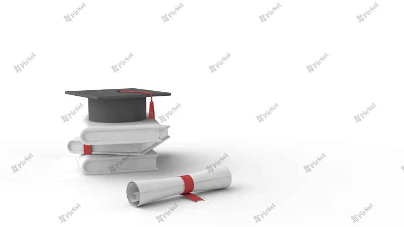 ceremony graduation plain background books graduation cap diploma 3d render / مراسم فارغ التحصیلی پس زمینه ساده کتاب فارغ التحصیلی کلاه دیپلم سه بعدی