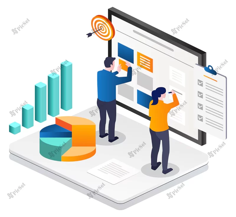 concept illustration isometric couple making plans scrum board / تصویر ایزومتریک در حال ساخت پلان اسکرام برد کار با لپ تاپ کار تیمی و گروهی نمودار و هدف