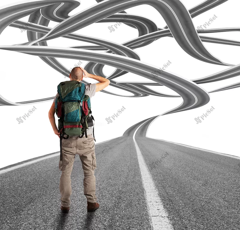 confused explorer man before winding road_207634 2126 01 / مرد گردشگر گیج قبل از جاده پر پیچ و خم