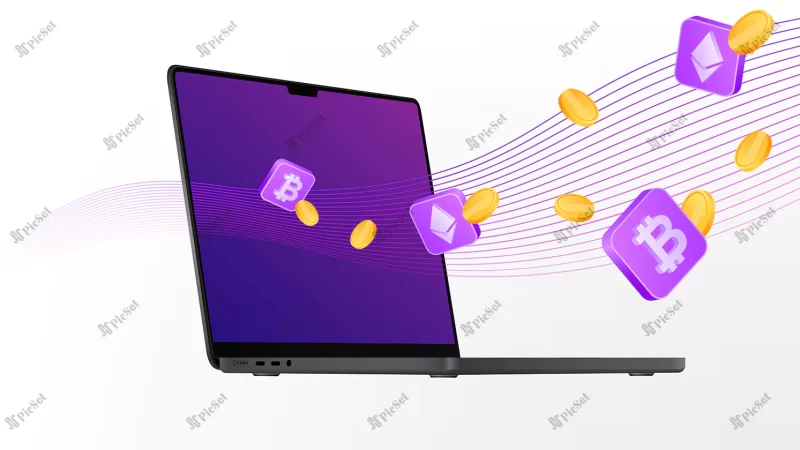 creative laptop mockup cryptocurrency flow vector illustration / ارز دیجیتال بیت کوین خلاقانه لپ تاپ و سکه دلار