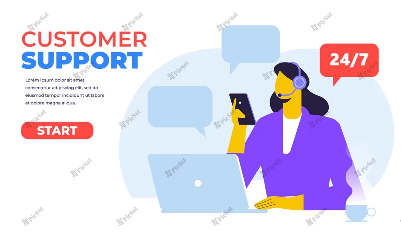 customer support woman with headphones microphone with laptop flat vector illustration / زن پشتیبانی مشتری با میکروفون هدفون و لپ تاپ