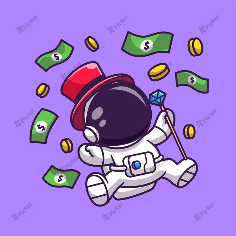 cute rich astronaut floating with money cartoon vector icon illustration science business icon / فضانورد ثروتمند با پول، نماد وکتور کارتونی کسب و کار علمی