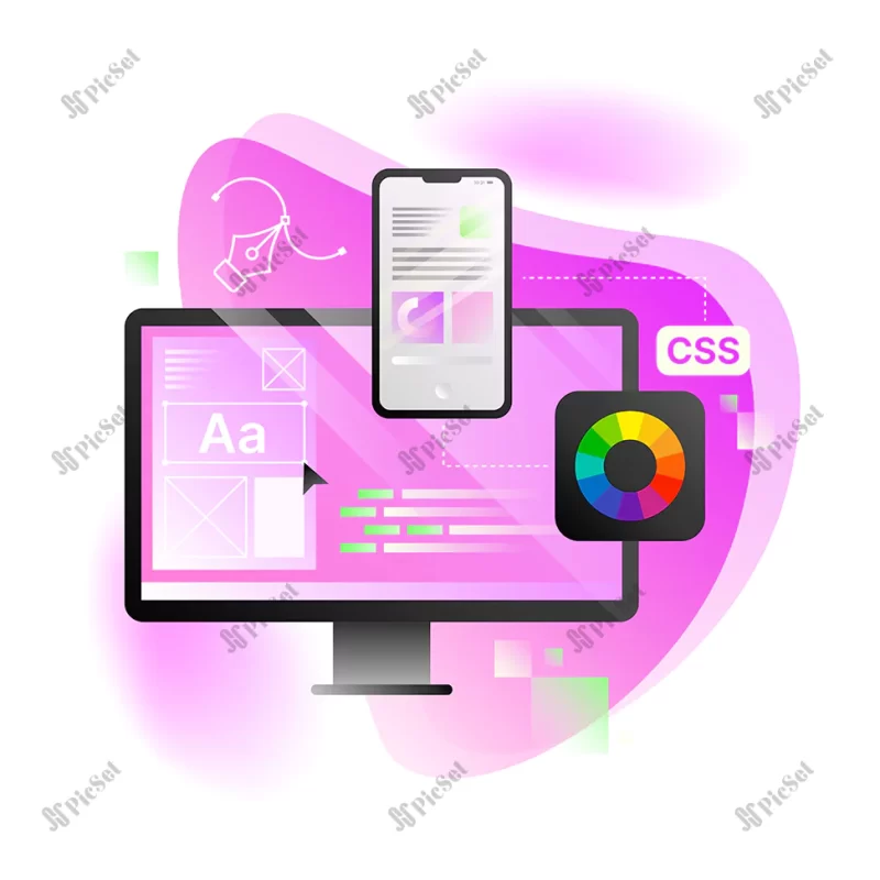 design application illustration pink computer desktop with online editing tools / طراحی برنامه کاربردی دسکتاپ با ابزارهای ویرایش آنلاین با موبایل