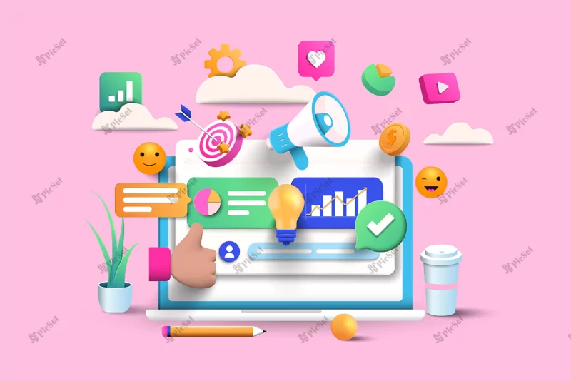 digital marketing illustration pink background / دیجیتال مارکتینگ بازاریابی آنلاین با لپ تاپ