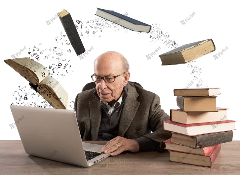 elderly man with computer books flying / مونتاژ مرد مسن با لپ تاپ و کتاب های در حال پرواز