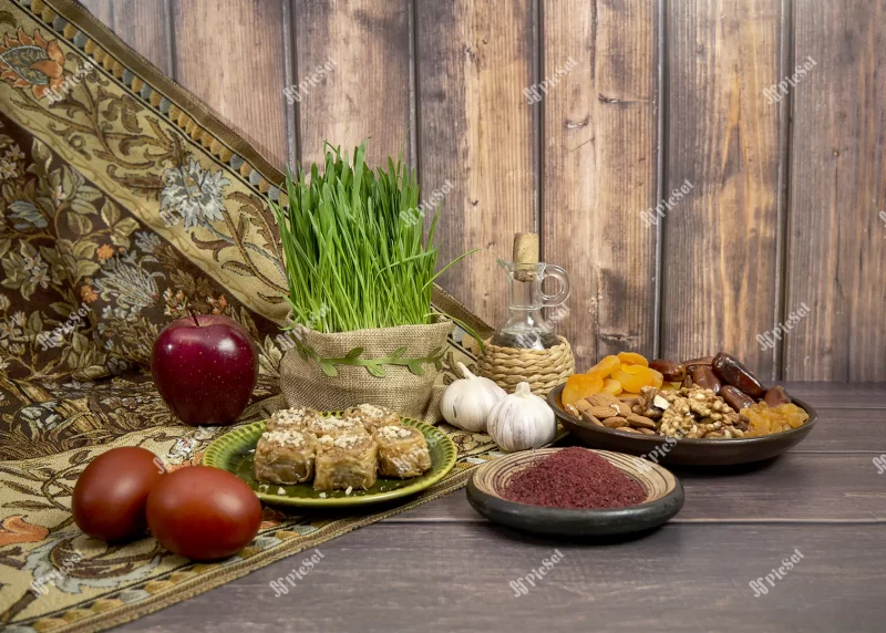 festive table honor navruz wheat with red ribbon traditional holiday vernal equinox nowruz_347988 694 / سفره هفت سین سنتی عید نوروز سال نو