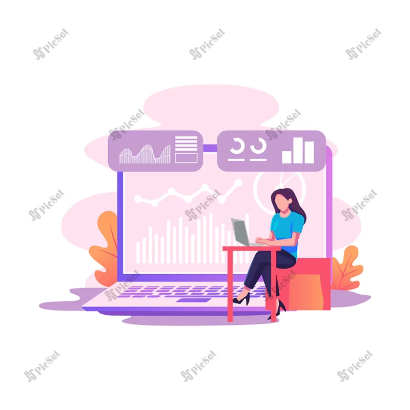 financial data management vector flat style illustration design / مدیریت داده های مالی کار با لپ تاپ آموزش کار فریلنسری