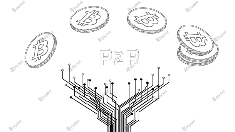 flying btc coins outline with pcb tracks isolated white background concept transferring cryptocurrency bitcoin btc peer peer p2p /  سکه‌ های بیت کوین مفهوم انتقال ارز دیجیتال