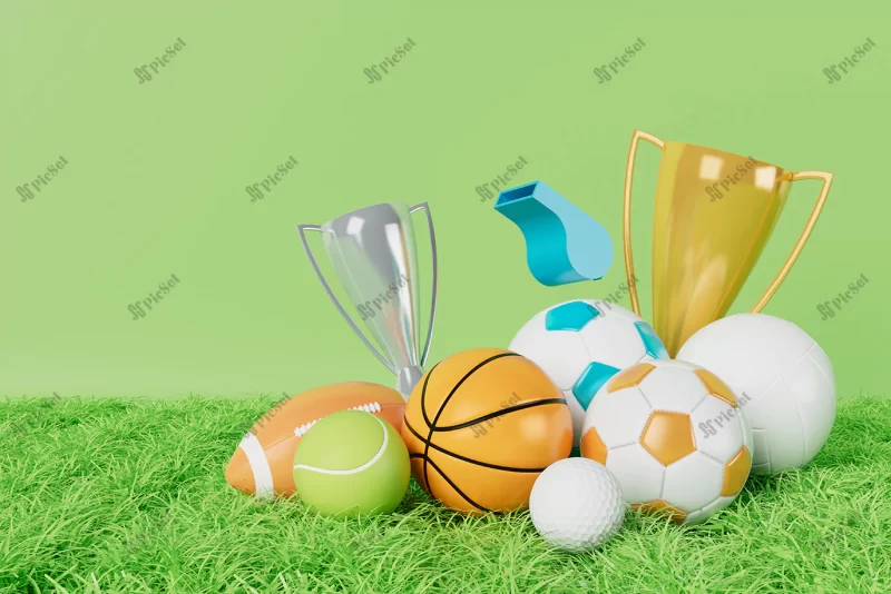 football ball object abstract background light neon / زمین چمن توپ فوتبال با جام طلا و نقره و نور نئون