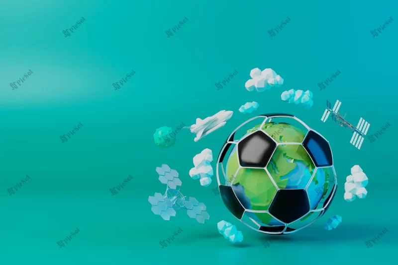 football ball object abstract background_262243 329 01 / مونتاژ توپ فوتبال کره زمین با ابر و آنتن و موشک