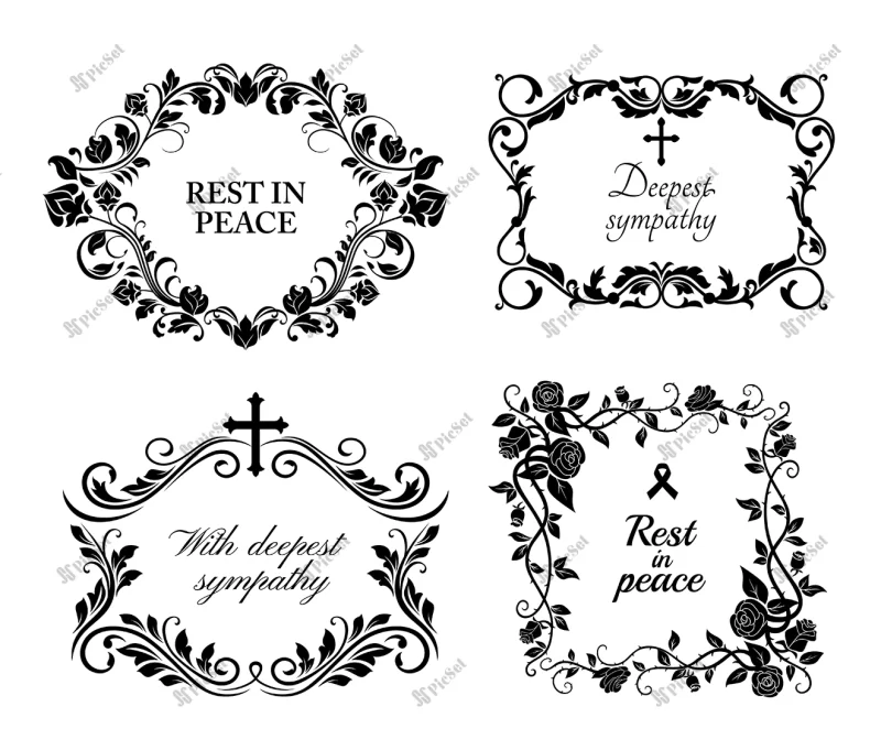 funeral wreath cards flowers obituary rip condolences black floral frames funeral memory deepest sympathy message / کارت های تاج گل کارت ترحیم کارت تسلیت قاب گل مشکی مراسم تشییع جنازه پیام همدردی