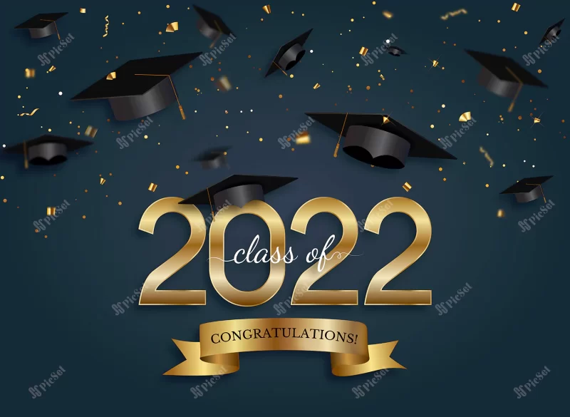 graduation class 2022 with graduation cap hat confetti vector illustration / کلاه فارغ التحصیلی پوستر جشن فارغ التحصیلی