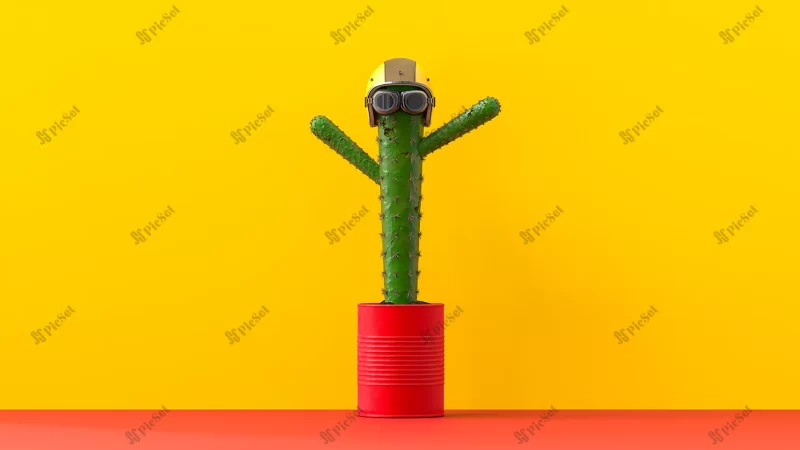 green cactus wearing helmet yellow / کاکتوس سبز با کلاه ایمنی زرد