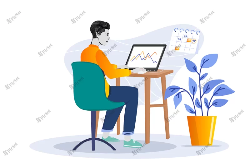 happy freelancer with laptop home young man sitting chair using laptop illustrations / فریلنسر خوشحال با لپ تاپ مرد جوان روی صندلی نشسته با لپ تاپ کار می کند