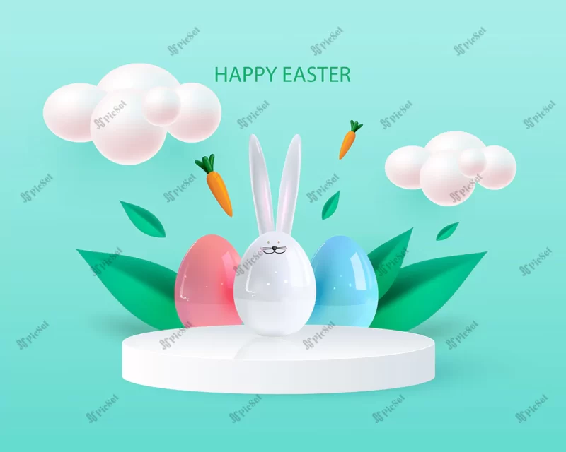 happy nowruz easter holiday background 3d bunny decorative elements spring leaves eggs / پس زمینه عید نوروز مبارک با برگ بهار تخم مرغ و خرگوش