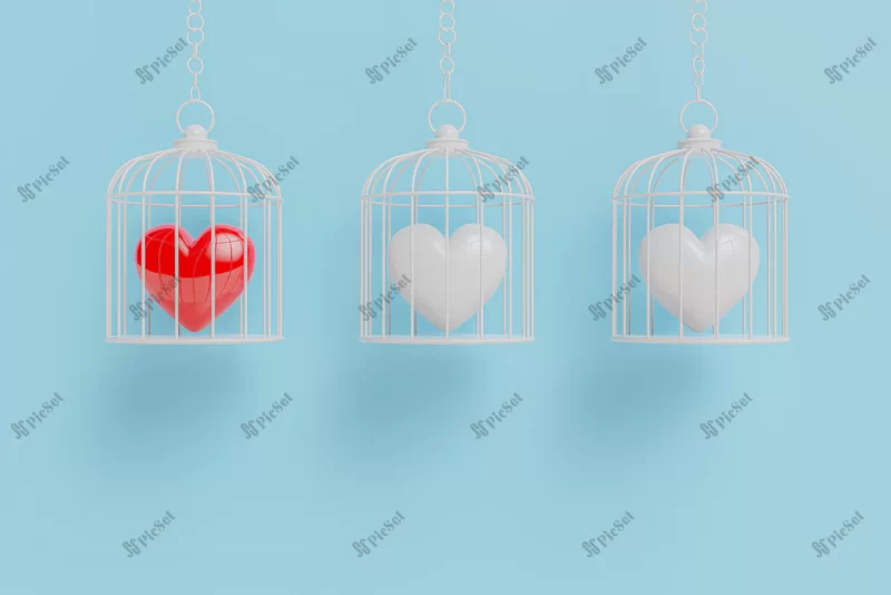 heart is locked cage concept love difference 3d render / قلب سه بعدی در قفس مفهوم قفل عشق، قلب قرمز نشان عشق و قلب سفید نشان آزادی