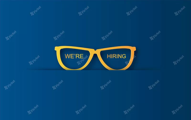 hiring recruitment poster concept design paper art craft with minimalist blue color tone style glasses job advertisement recruitment poster banner vector concept minimalist symbol / طرح مفهومی پوستر استخدام با رنگ مینیمالیستی عینک به رنگ آبی آگهی استخدام