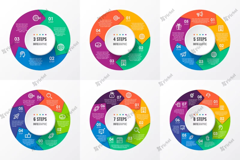 infographic circular arrows with icons 3 4 5 6 7 8 options steps business concept / فلش های دایره ای اینفوگرافیک با مراحل مختلف کسب و کار