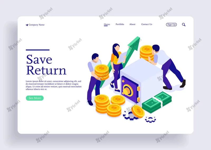 isometric illustration concept investing saving money with characters / تصویرسازی ایزومتریک برای صرفه جویی در پول با کاراکترها گاوصندوق مالی ذخیره پول افزایش درآمد