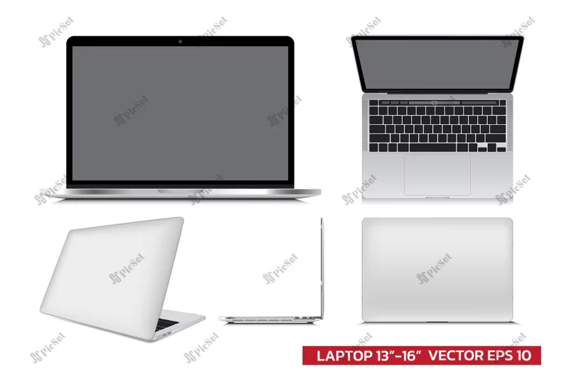 laptop mockup with different view front side top 3d realistic vector illustration mockup graphic architectural drawing white background / موکاپ لپ تاپ با نمای متفاوت