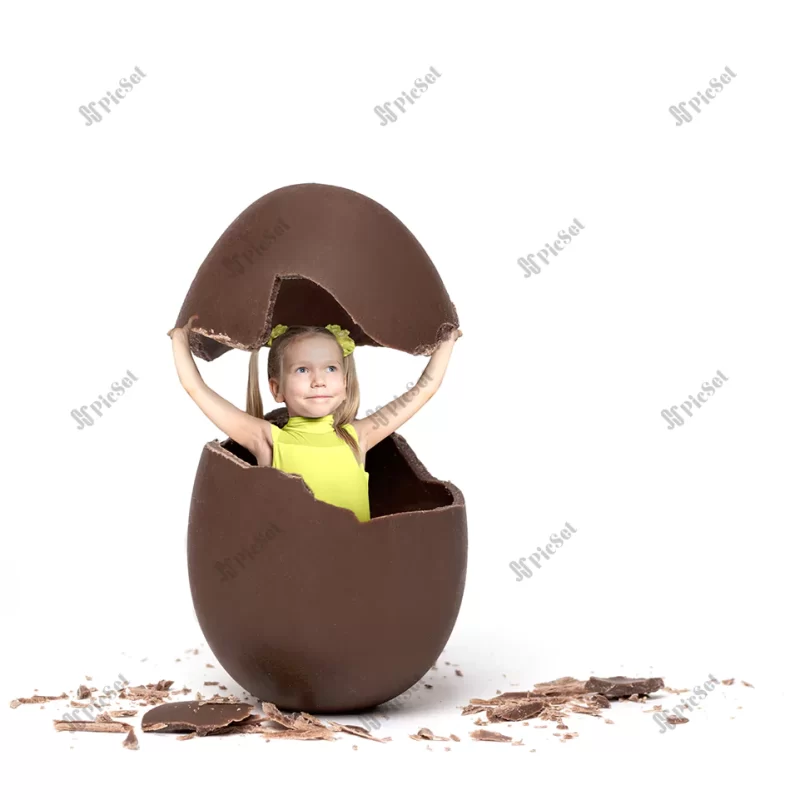 little girl yellow jacket as chicken hatched from chocolate easter egg white background copy space collage minimalism child easter chocolate egg / ژاکت زرد دختر کوچک به عنوان جوجه بیرون آمده از تخم مرغ شکلاتی پس زمینه سفید تخم مرغ عید کلاژ مینیمالیسم تخم مرغ شکلاتی با کودک