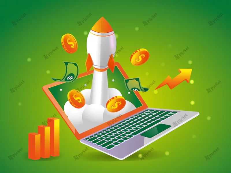 making money online from laptop with rocket symbol / کسب درآمد آنلاین از لپ تاپ با نماد موشک سکه دلار نمودار پیشرفت