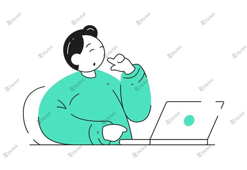 man is opening laptop thinking about ideas hand drawn style vector illustration / مردی در حال باز کردن لپ‌تاپ و به ایده‌هایی فکر می‌کند فریلنسر کسب و کار آنلاین