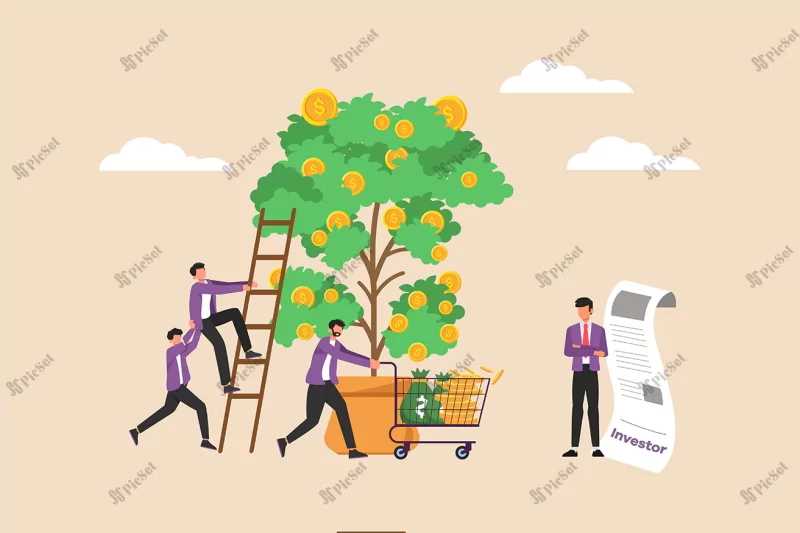 manager is calculating dividends his business team is taking gold dollar coins from money tree wealth management concept colored flat graphic vector illustration isolated / مدیر در حال محاسبه سود سهام تیم همکاری در حال گرفتن سکه های دلار طلا از درخت پول مفهوم مدیریت ثروت رشد مالی و درآمد