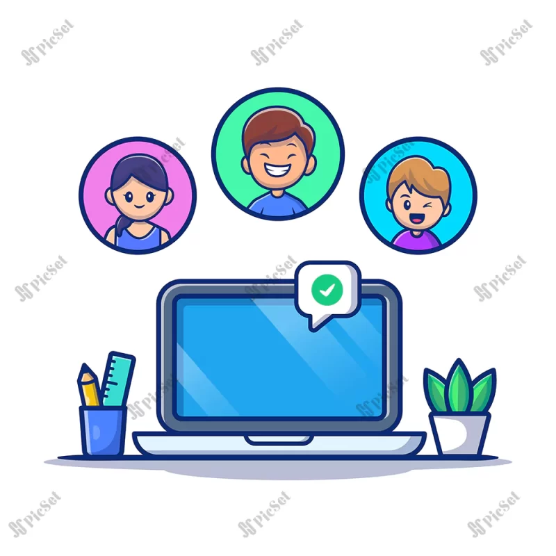 meeting online people with laptop cartoon icon illustration people technology icon concept isolated premium flat cartoon style / ملاقات با افراد آنلاین با لپ‌تاپ تماس تصویری آنلاین