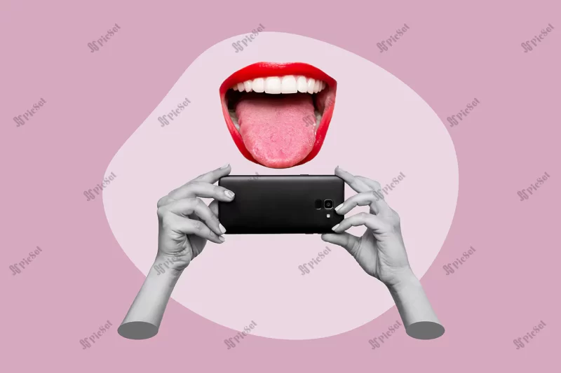 mobile phone with photo camera hands taking picture woman mouth with red lips showing tongue / دوربین عکاسی موبایل در حال عکس گرفتن از دهان و دندان سالم