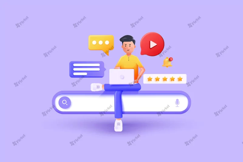 modern 3d illustration young man search bar concept / مرد جوان در حال جستجوی اینترنتی با لپ تاپ سه بعدی گفتگو و دیدن فیلم و موسیقی آنلاین