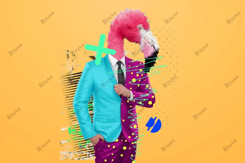 modern design human body bright business suit with flamingo head confidence bright trendy colors shocking art style magazine fashionable web design copy space / مونتاژ طراحی مدرن کت و شلوار تجاری روشن بدن انسان با اعتماد به نفس با سر فلامینگو رنگ های مد روز روشن مجله سبک هنری