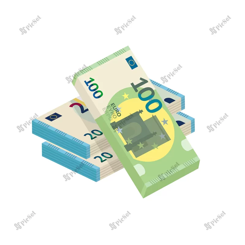 money heap cash pile illustration twenty hundred euro banknotes isolated white background / پول نقد صد یورو و دویست یورو اسکناس مالی