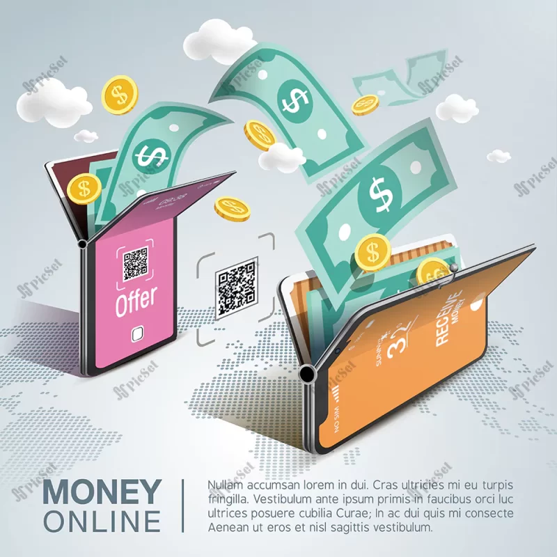 money online mobile phone / جا به جایی پول آنلاین با کیف پول موبایل تلفن همراه اسکناس و سکه دلار