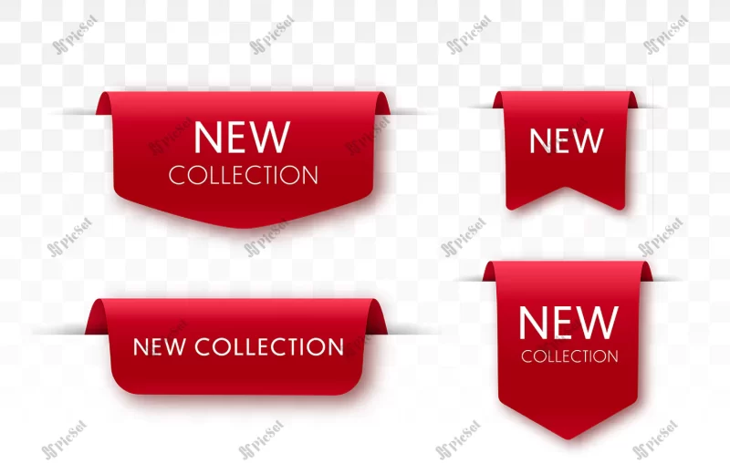 new collection sale tags 3d labels badges red scroll ribbons vector banners / برچسب‌های فروش سه بعدی لیبل های درصد تخفیف فروش محصول
