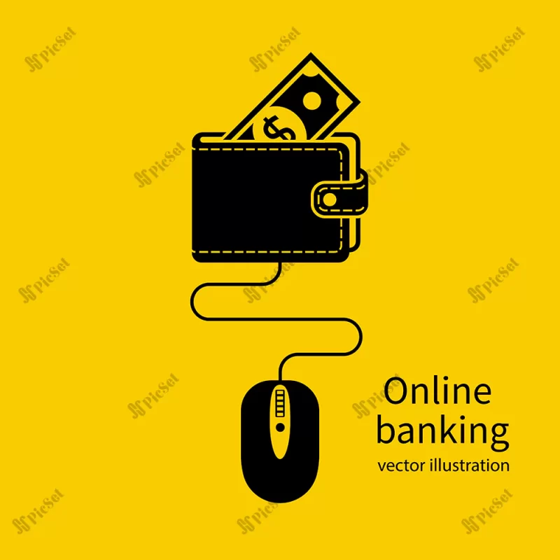 online banking icon / نماد بانکداری آنلاین کیف پول وصل به موس اسکناس دلار