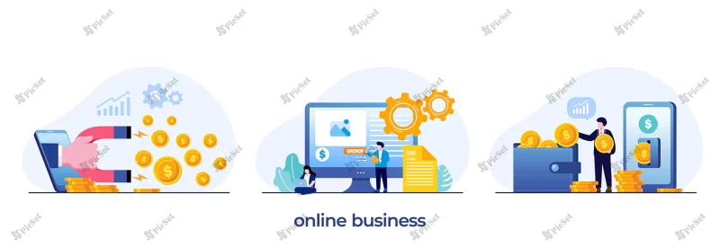 online business business process entrepreneurs ecommerce flat illustration vector / فرآیند کسب و کار آنلاین کارآفرینان تجارت الکترونیک جذب پول و مشتری