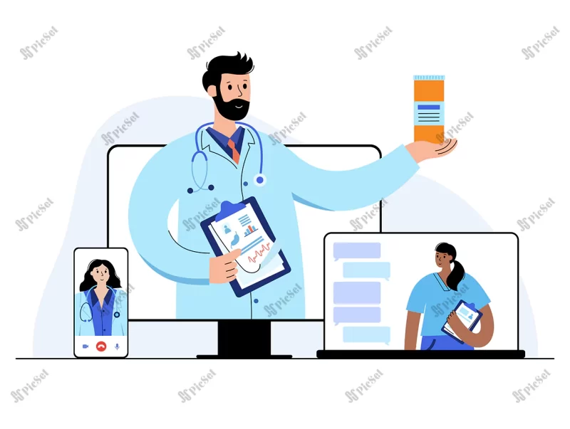 online doctor concept / مفهوم پزشک آنلاین تماس تصویری با دکتر و پرستار با لپ تاپ و موبایل