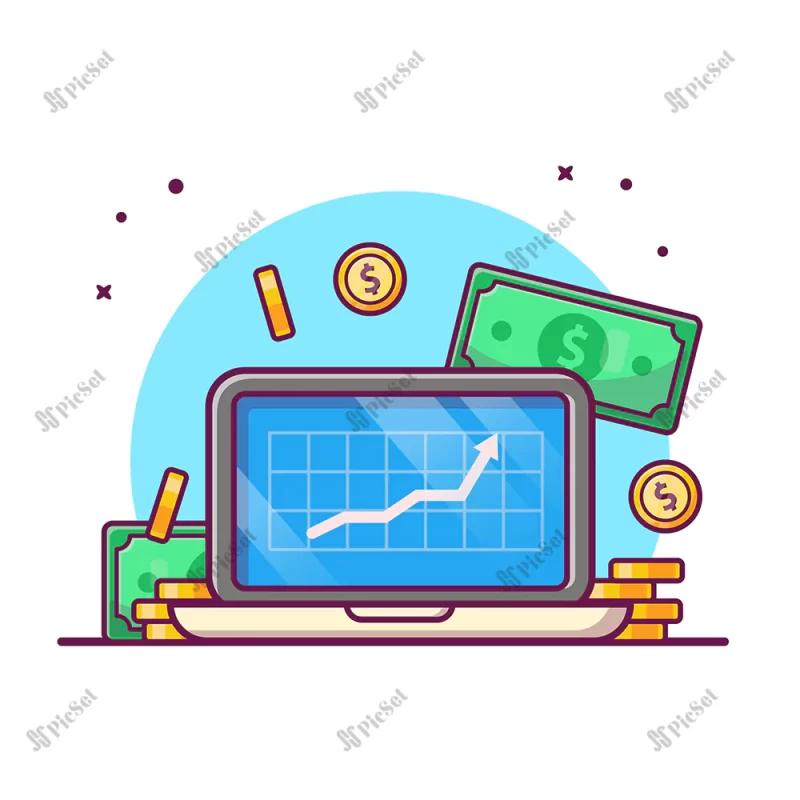online investment illustration laptop with money business finance icon concept white isolated / لپ‌ تاپ تصویر سرمایه‌گذاری آنلاین سکه و اسکناس دلار