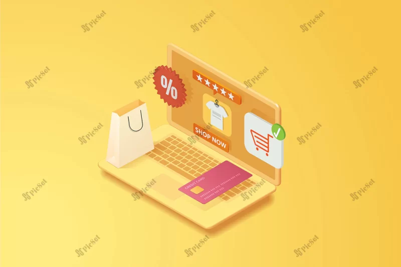 online shopping discount via laptop paper bags credit card front laptop / تخفیف خرید آنلاین از طریق وب سایت در لپ تاپ پرداخت با کارت اعتباری