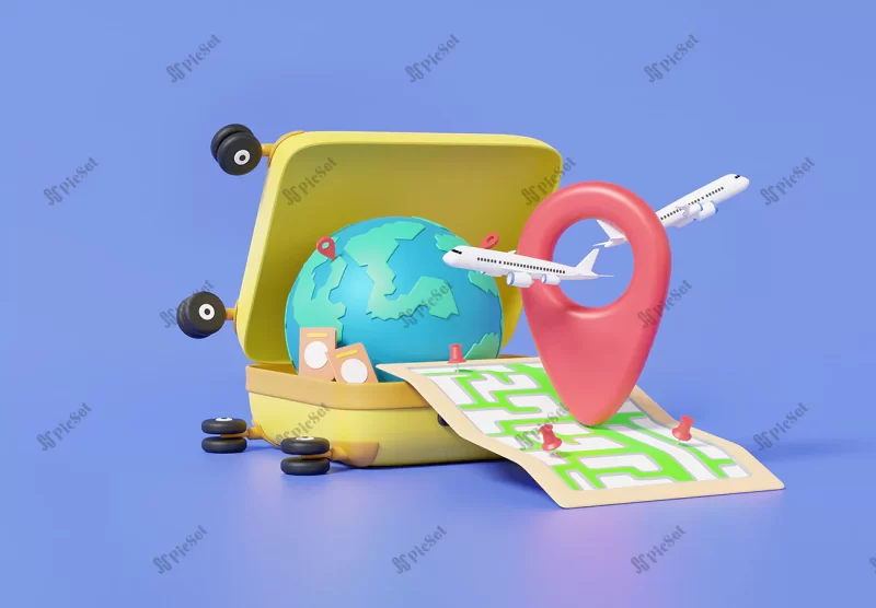 open suitcase navigation pin location map minimal cartoon flight airplane travel tourism plane trip planning world tour luggage with leisure touring holiday summer concept 3d rendering / چمدان سه بعدی باز پین نقشه موقعیت مکانی مینیمال لوکیشن پرواز هواپیما سفر گردشگری برنامه ریزی سفر تور جهانی تور تفریحی تعطیلات تابستان