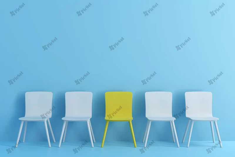 outstanding yellow chair among light blue chair chairs with one odd one out light blue color room / صندلی زرد برجسته در میان صندلی های آبی روشن مفهوم انتخاب شغل کار مصاحبه