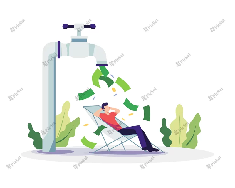 passive income concept illustration man relaxing faucet dispensing money vector flat style / درآمد غیرفعال مرد خوابیده شیر آب توزیع پول اسکناس درآمد و سود کسب و کار