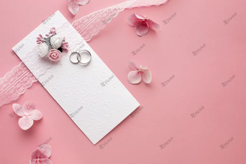 petals luxury wedding stationery flat lay / گلبرگ گل کارت عروسی با تور
